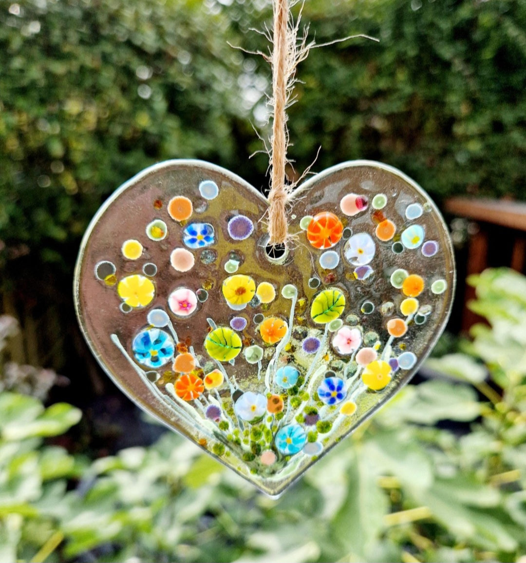 Heart shaped glass suncatcher with flower detail