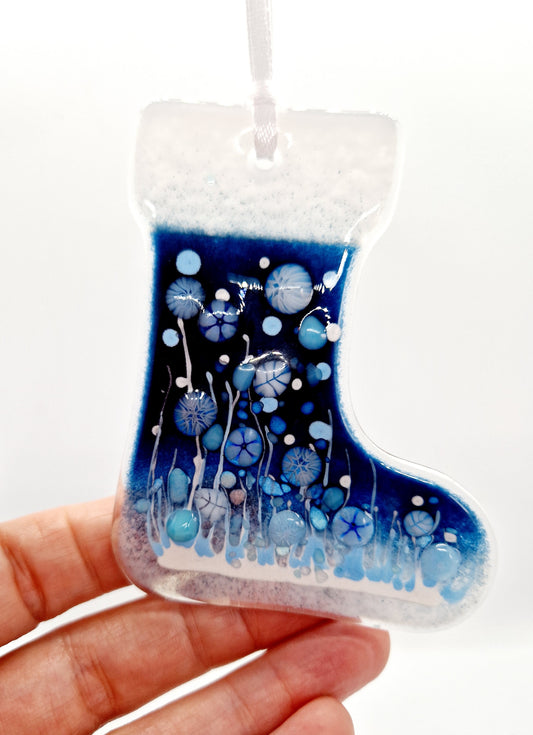 Blue fused glass Christmas Stocking decoration