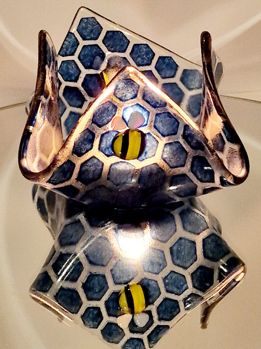 Bee honeycomb scarf tealight in blue on mirror side angle