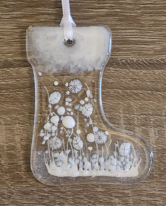 White fused glass Christmas stocking