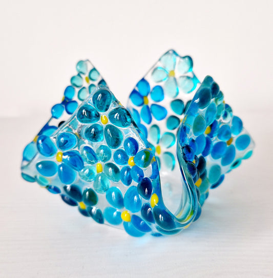 Fused glass blue ditsy flower tealight holder