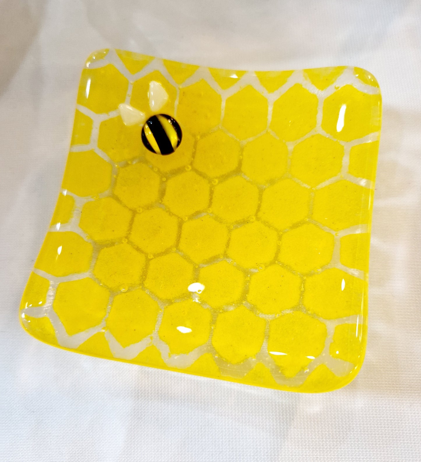 Yellow fused glass bee and honeycomb trinket dish
