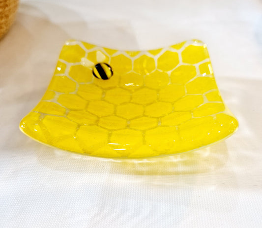 Yellow fused glass bee and honeycomb trinket dish