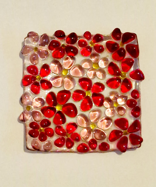 Fused glass square pink ditsy flower trinket dish