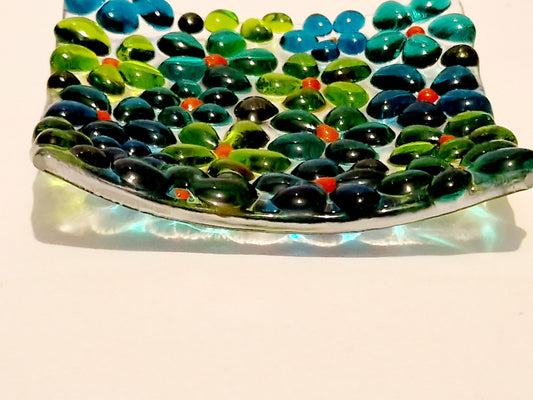 Fused glass square green ditsy flower trinket dish