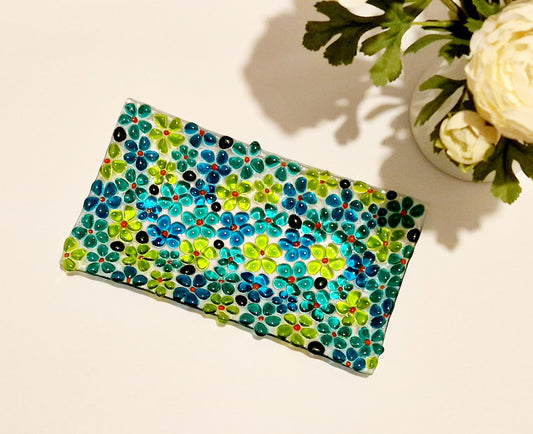 Large Fused glass green ditsy flower dish