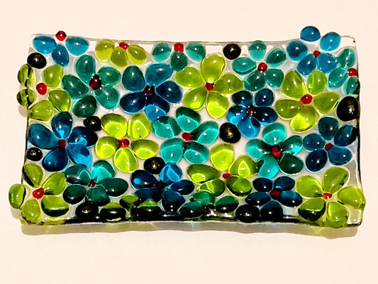 Fused glass green ditsy flower trinket dish