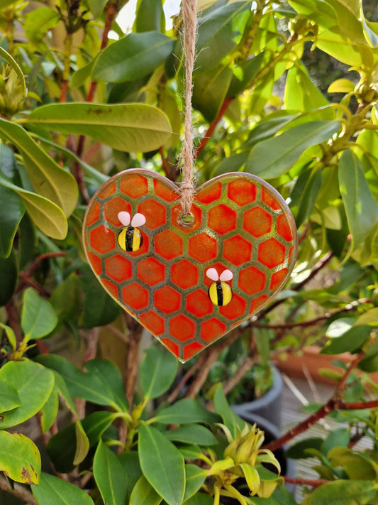Fused Glass Red Bee Heart Glass Suncatcher