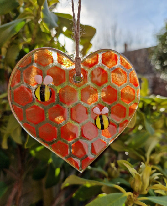 Fused Glass Red Bee Heart Glass Suncatcher