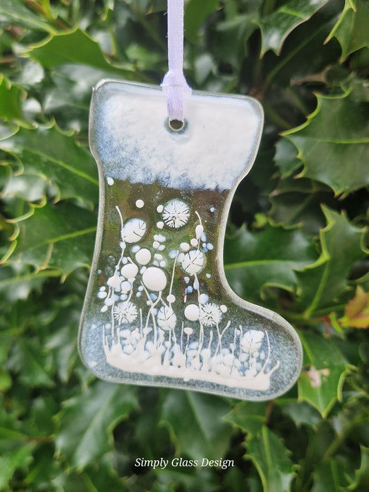 White fused glass Christmas stocking