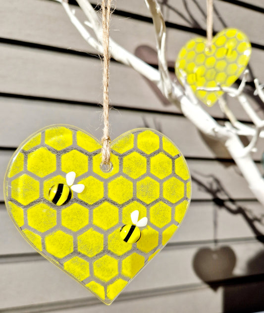 Fused Glass Yellow Bee Heart Glass Suncatcher