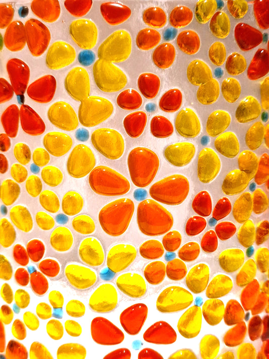 Fused glass suncatcher display in yellow and orange ditsy flower design