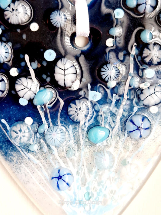 Fused Glass Winter Meadow Long Heart Suncatcher