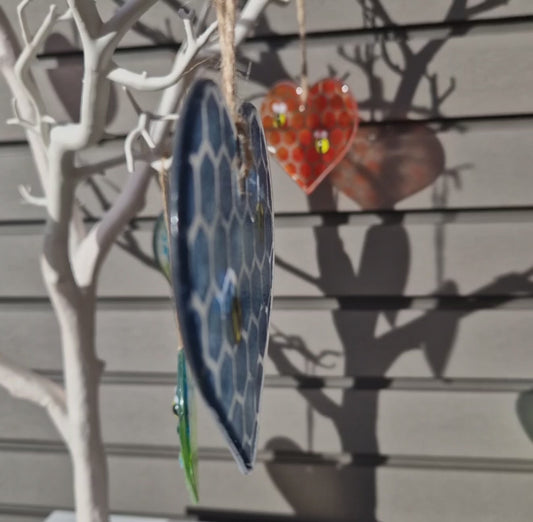 Fused Glass Blue Bee Heart Glass Suncatcher