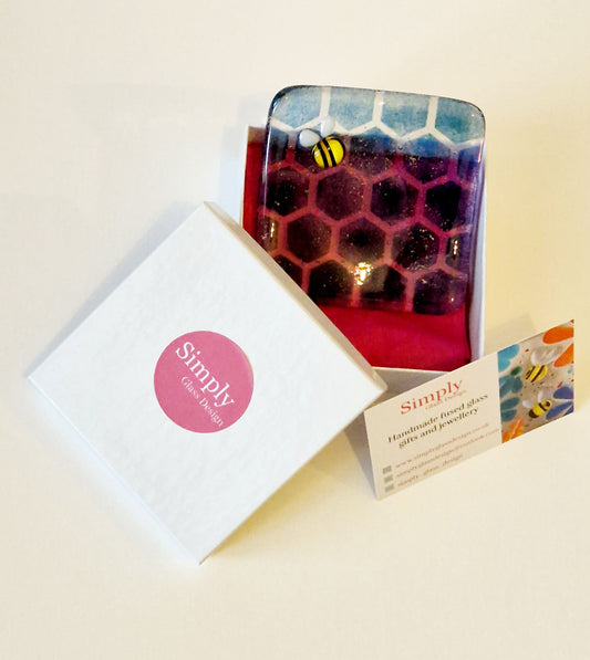 Blue fused glass bee and honeycomb trinket dish