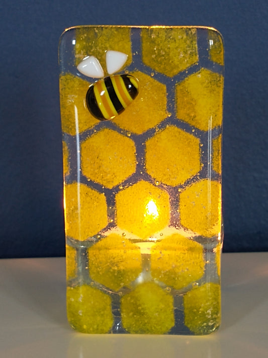 Fused glass bee and honeycomb tealight holder