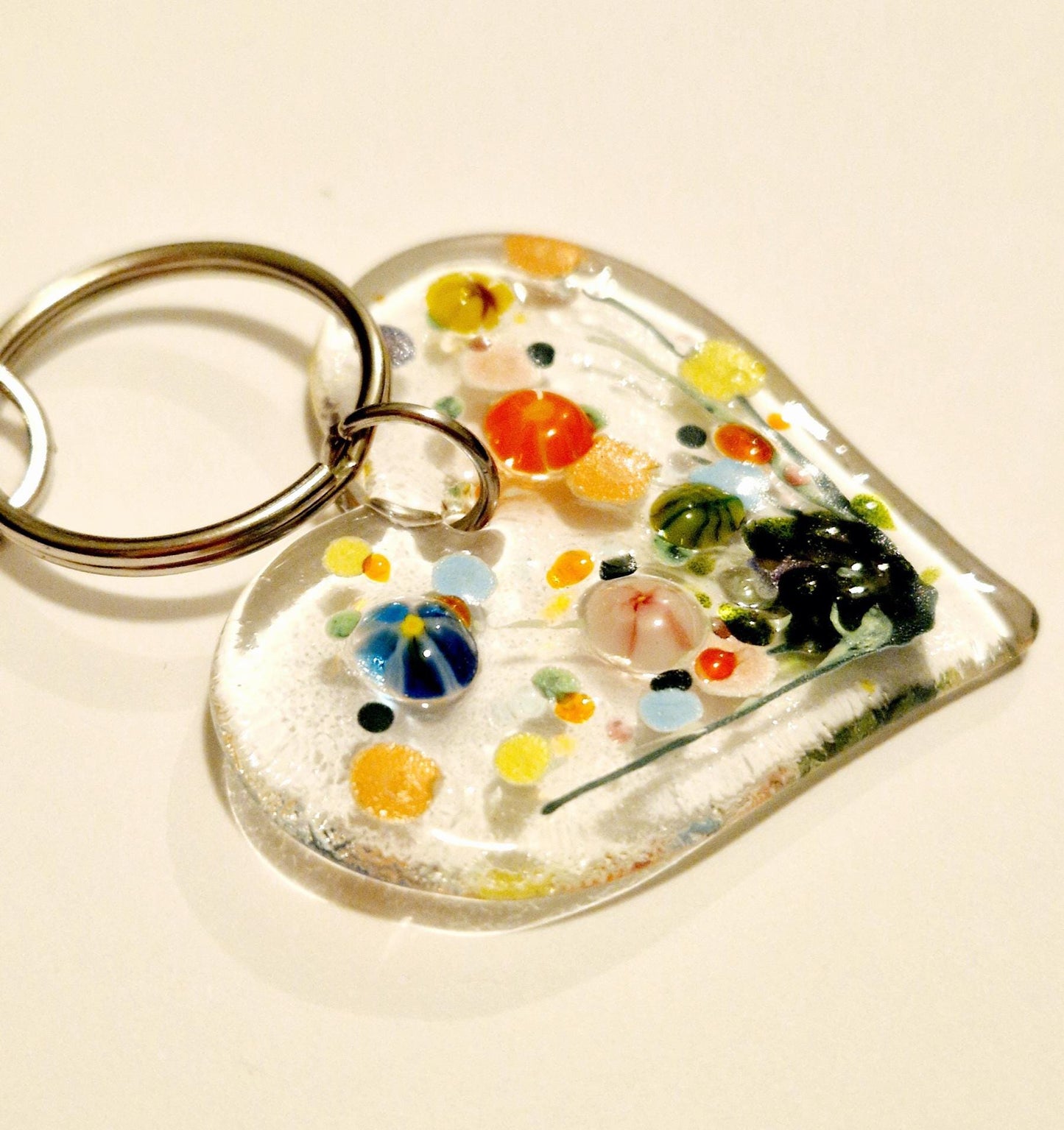 Fused Glass Heart Meadow Keyring / Bag Charm