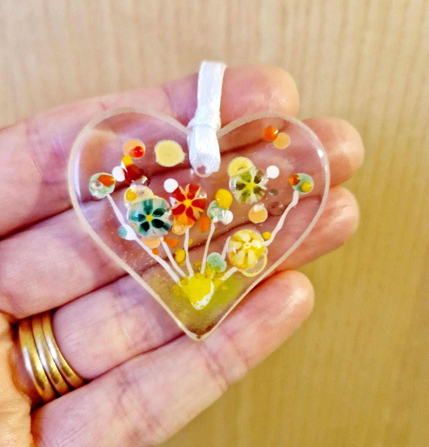 Fused Glass Mini Heart Zesty Meadow Suncatcher