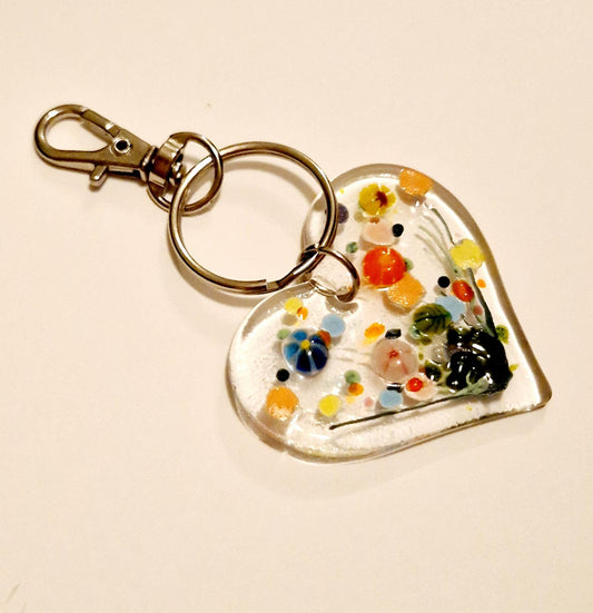 Fused Glass Heart Meadow Keyring / Bag Charm
