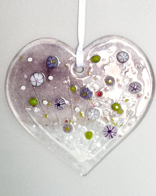 Fused Glass Dusk Meadow Heart Suncatcher