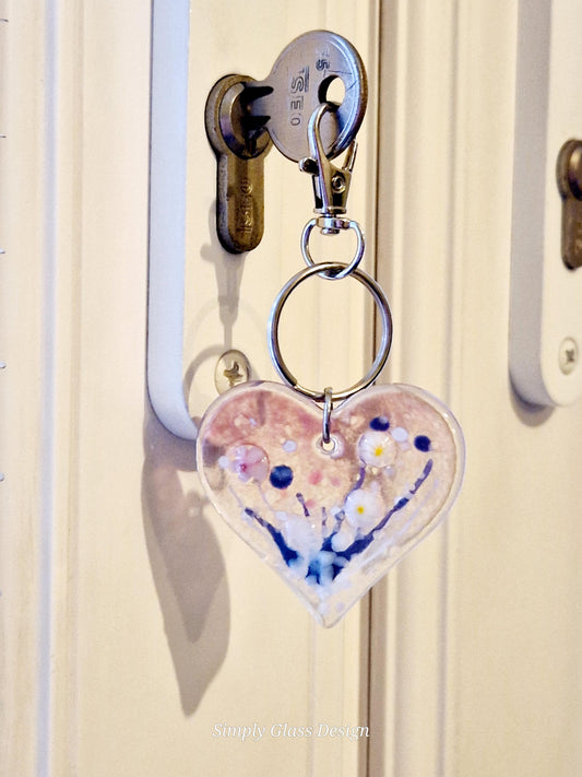 Fused Glass Heart Dawn Meadow Keyring / Bag Charm