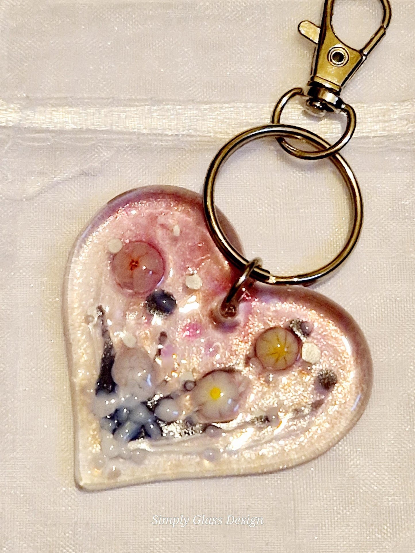 Fused Glass Heart Dawn Meadow Keyring / Bag Charm