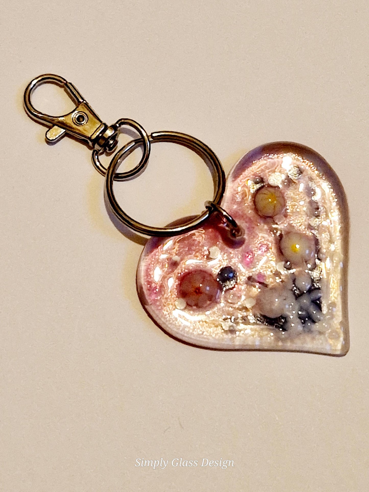 Fused Glass Heart Dawn Meadow Keyring / Bag Charm