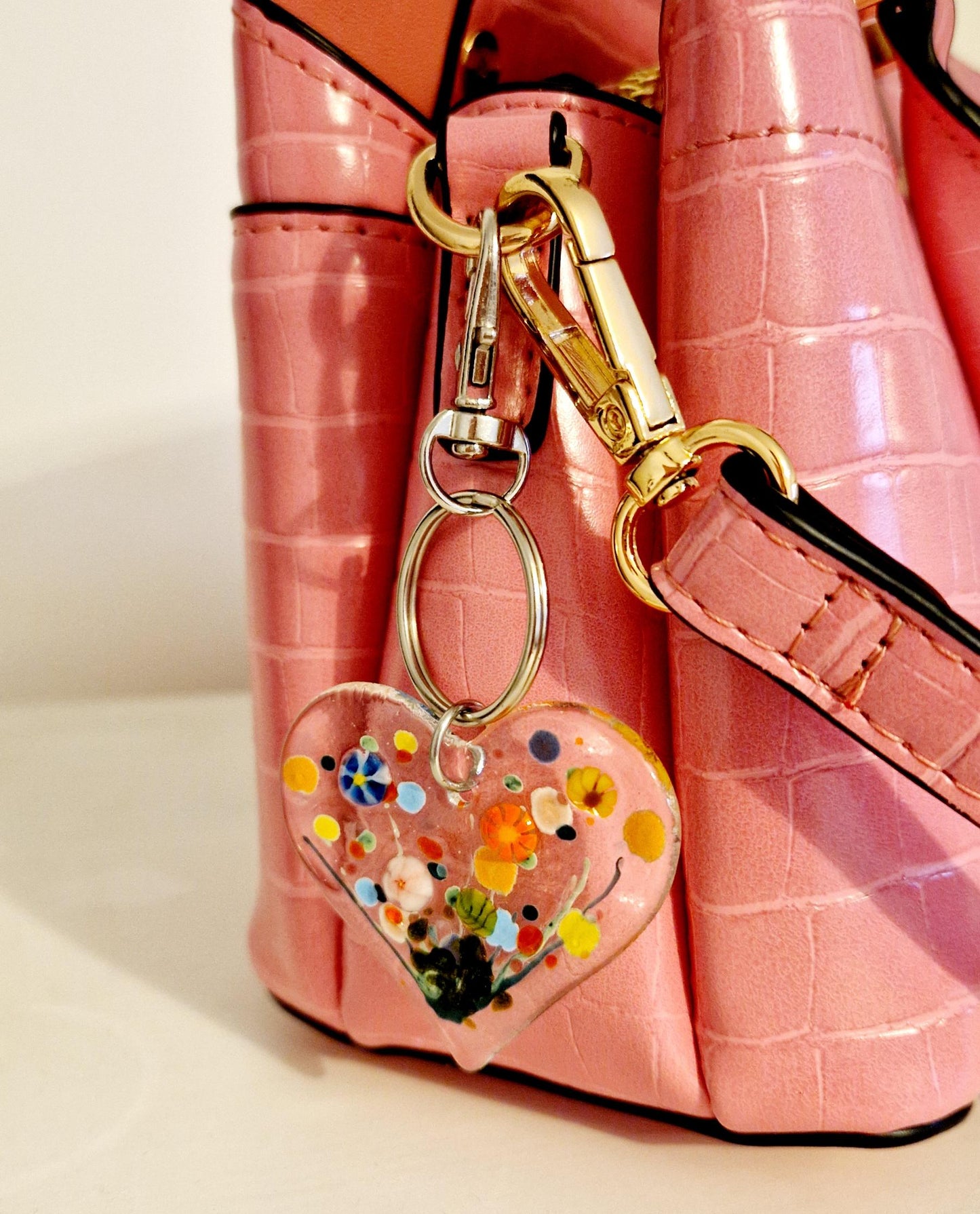 Fused Glass Heart Meadow Keyring / Bag Charm