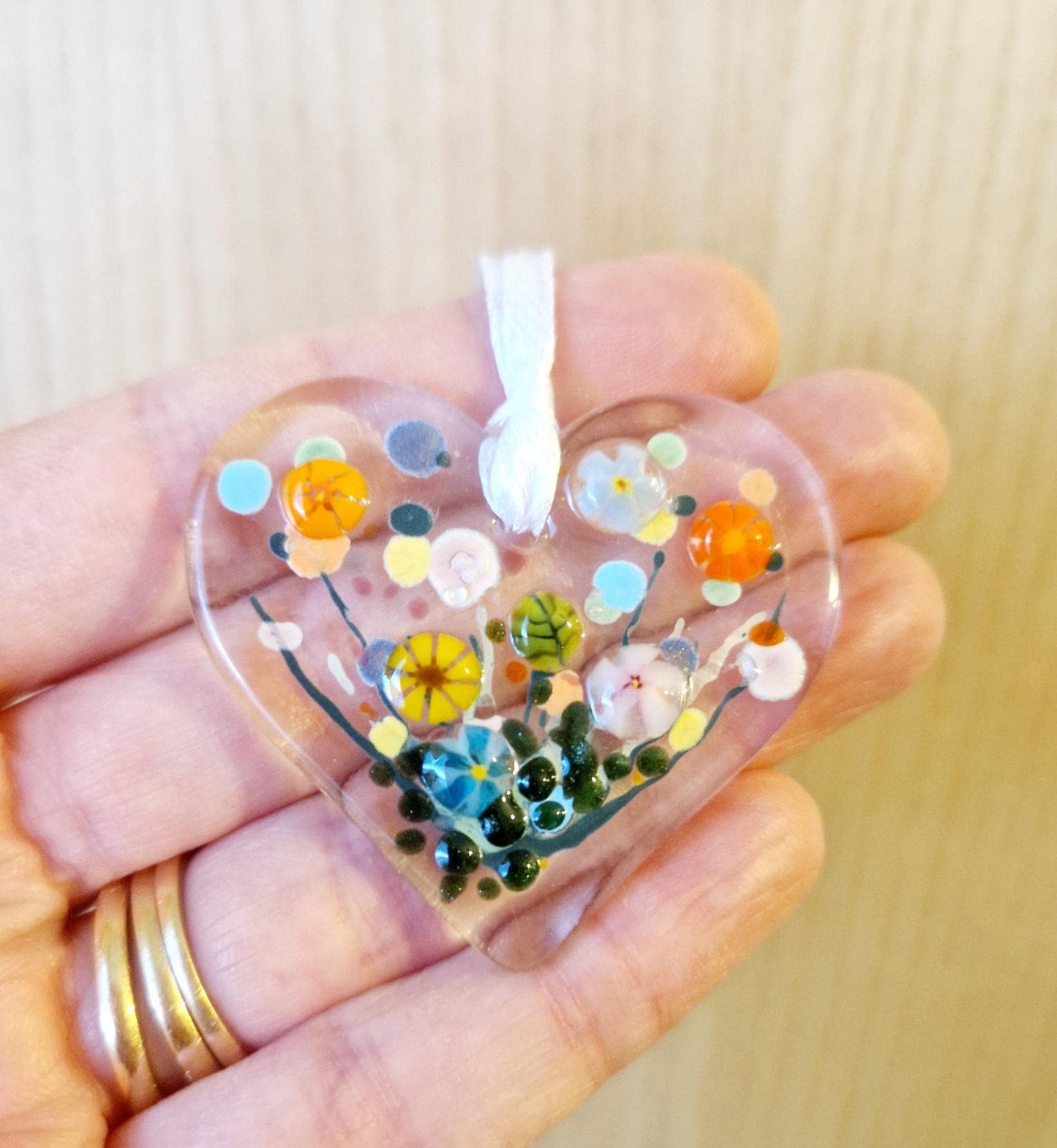 Fused Glass Mini Heart Meadow Suncatcher