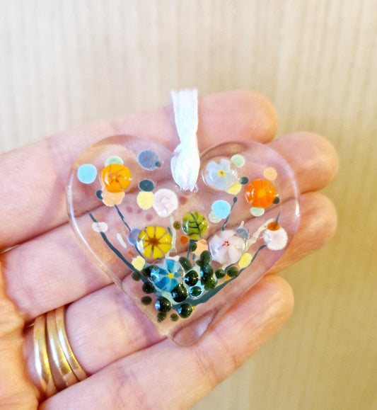 Fused Glass Mini Heart Meadow Suncatcher