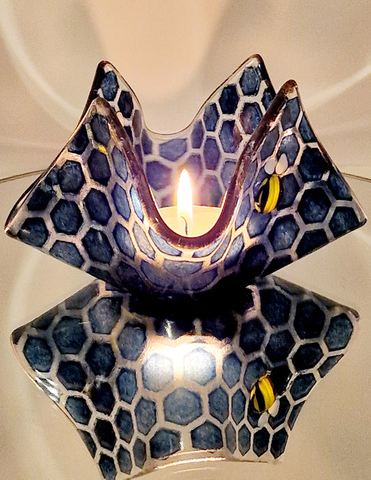 Bee honeycomb scarf tealight in blue on mirror