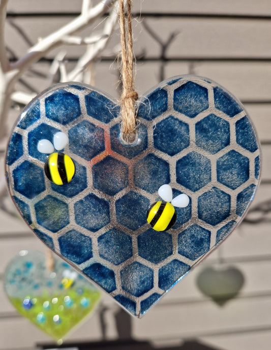 Fused Glass Blue Bee Heart Glass Suncatcher