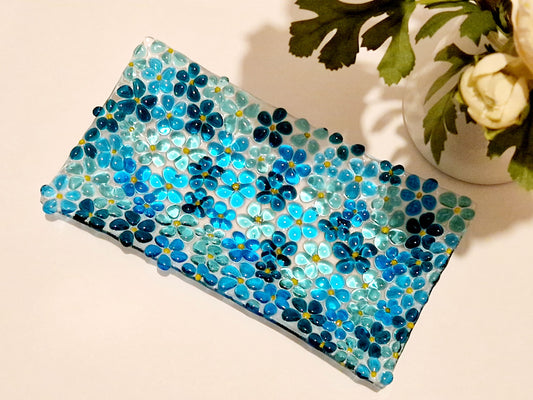 Fused glass blue ditsy flower dish
