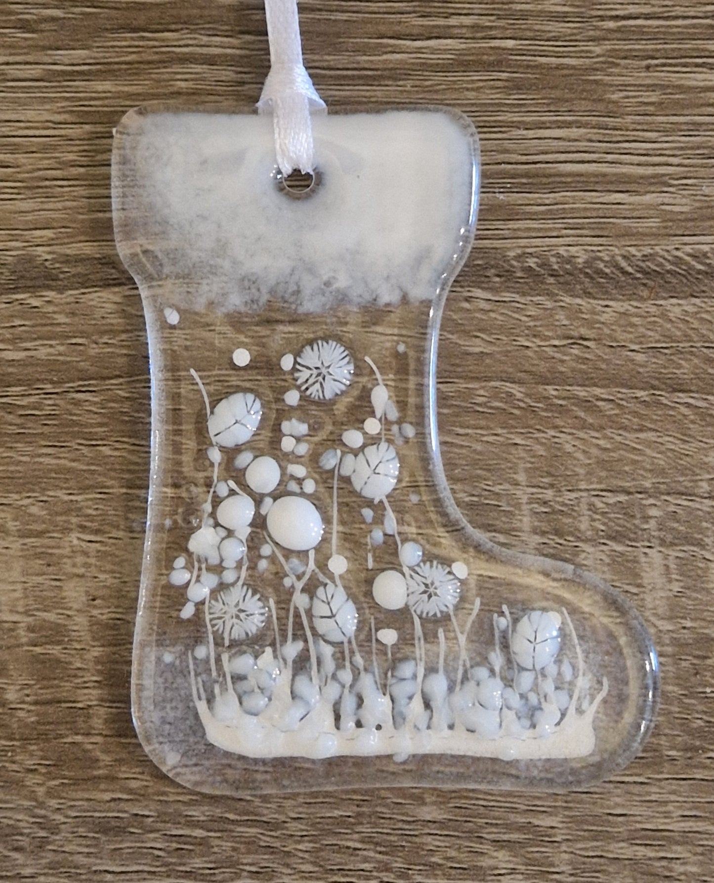 White fused glass Christmas stocking