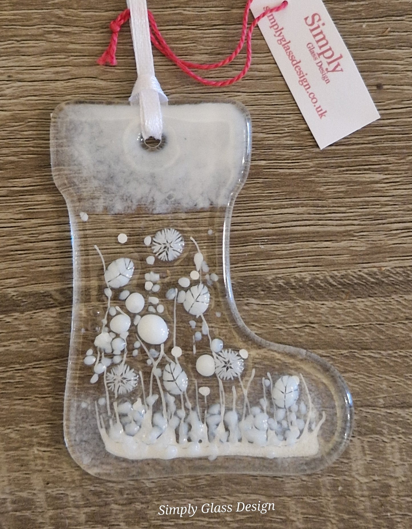 White fused glass Christmas stocking