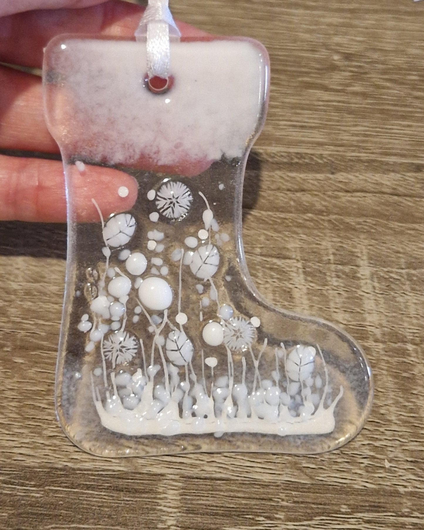White fused glass Christmas stocking