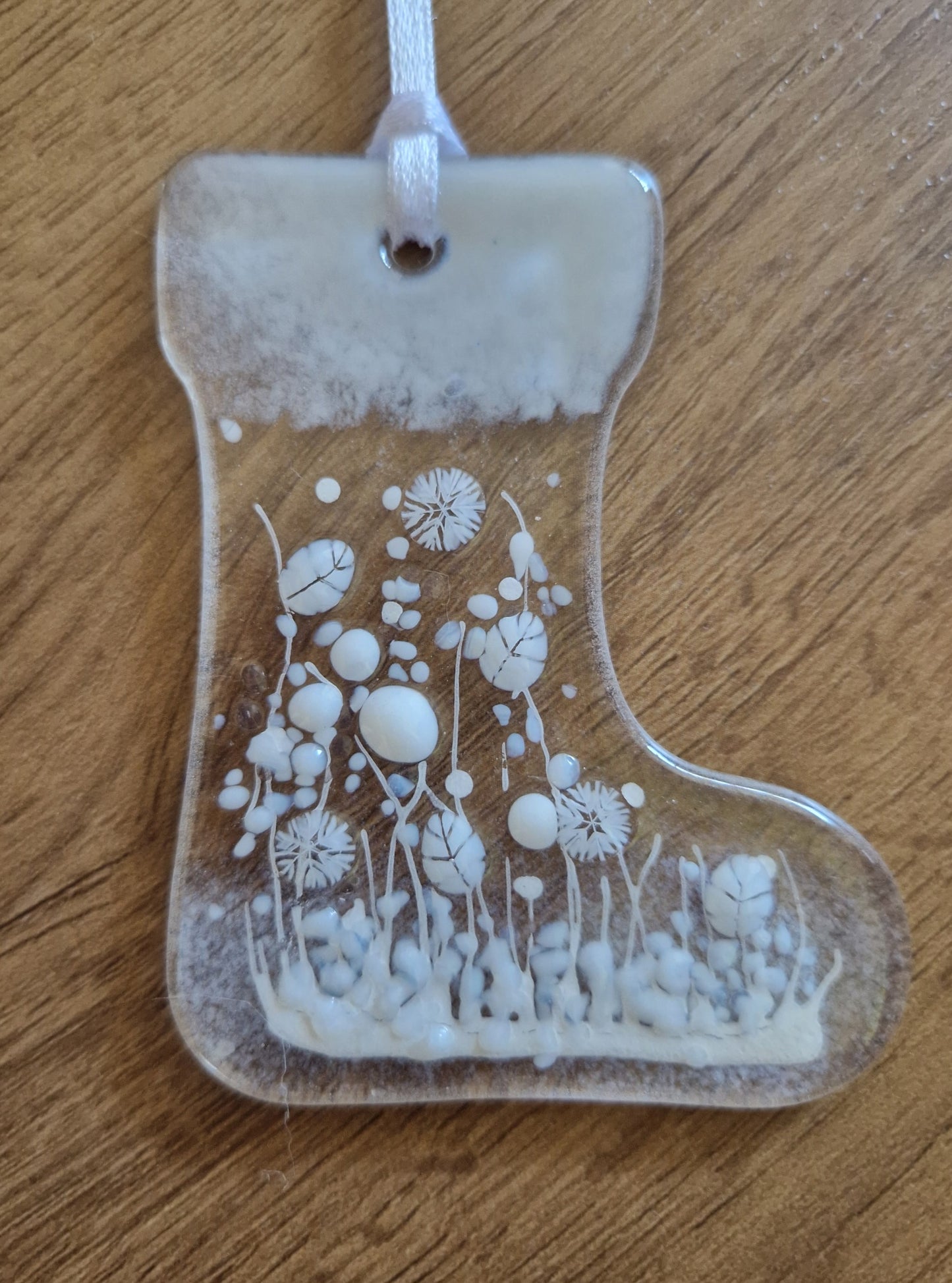 White fused glass Christmas stocking