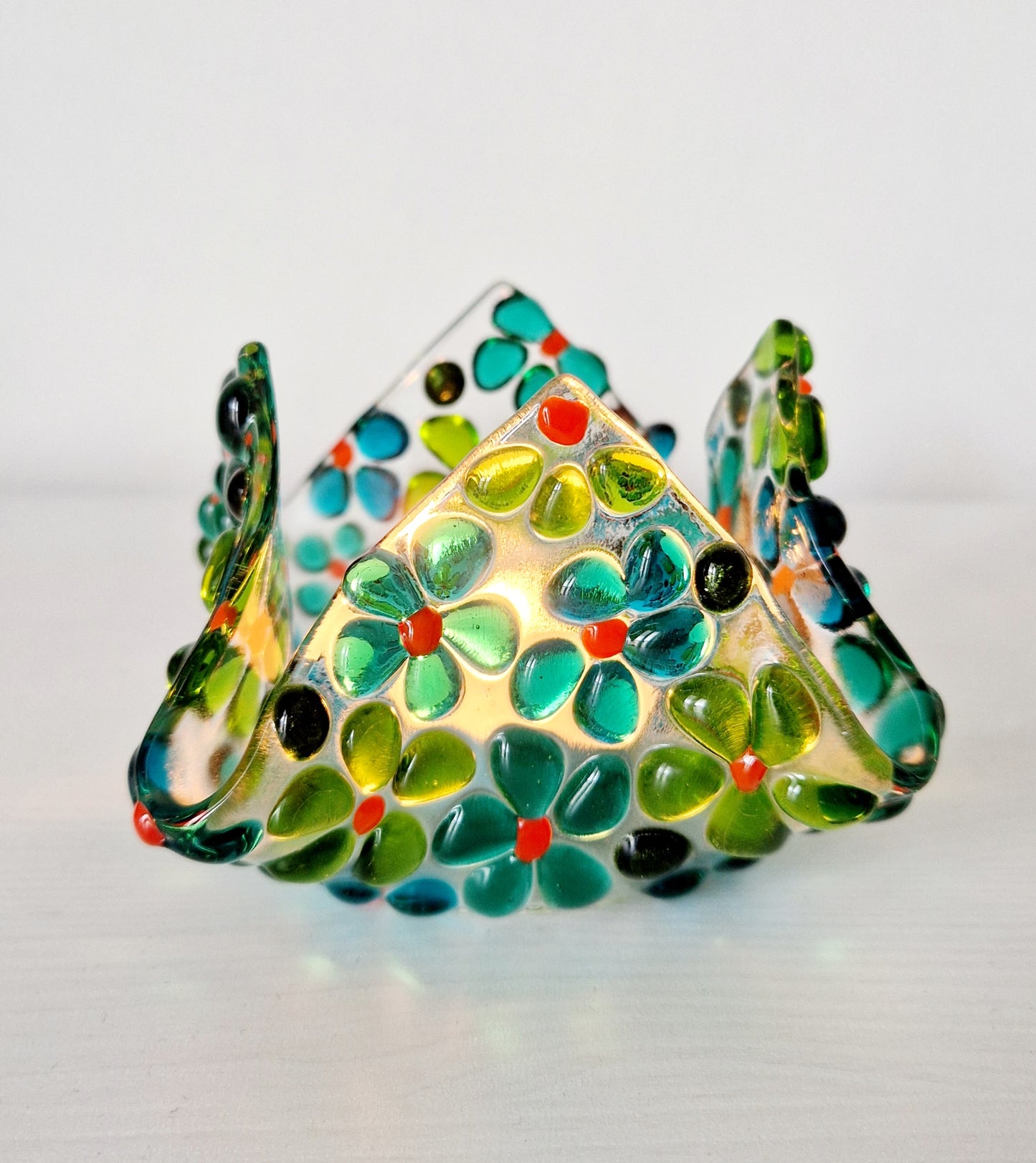 Fused glass green ditsy flower tealight holder
