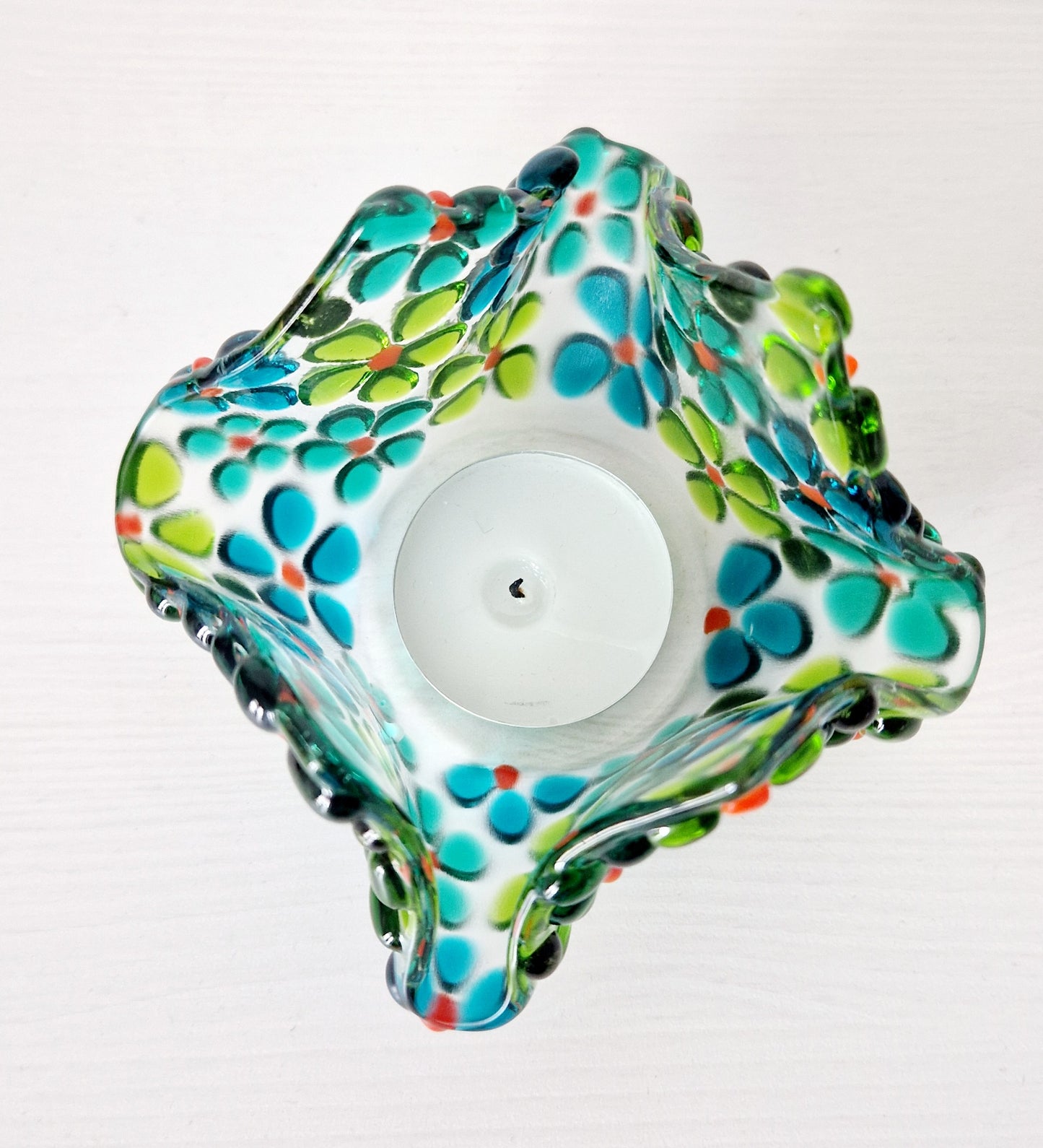 Fused glass green ditsy flower tealight holder