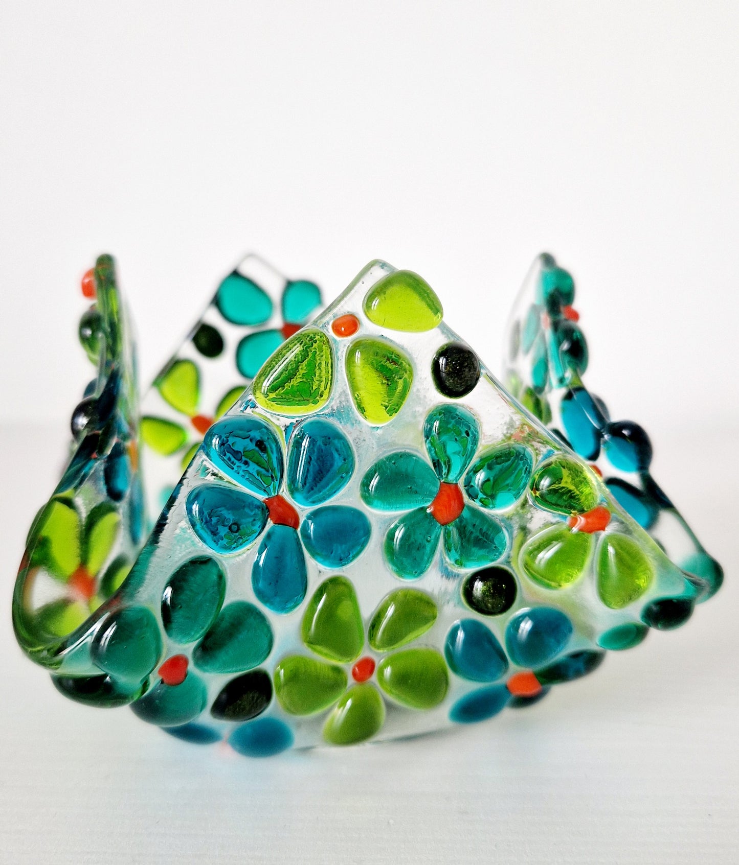 Fused glass green ditsy flower tealight holder
