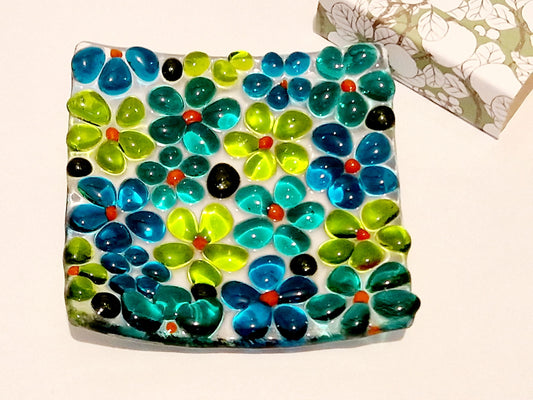 Fused glass square green ditsy flower trinket dish