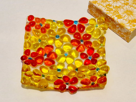 Fused glass square yellow and orange ditsy flower trinket dish