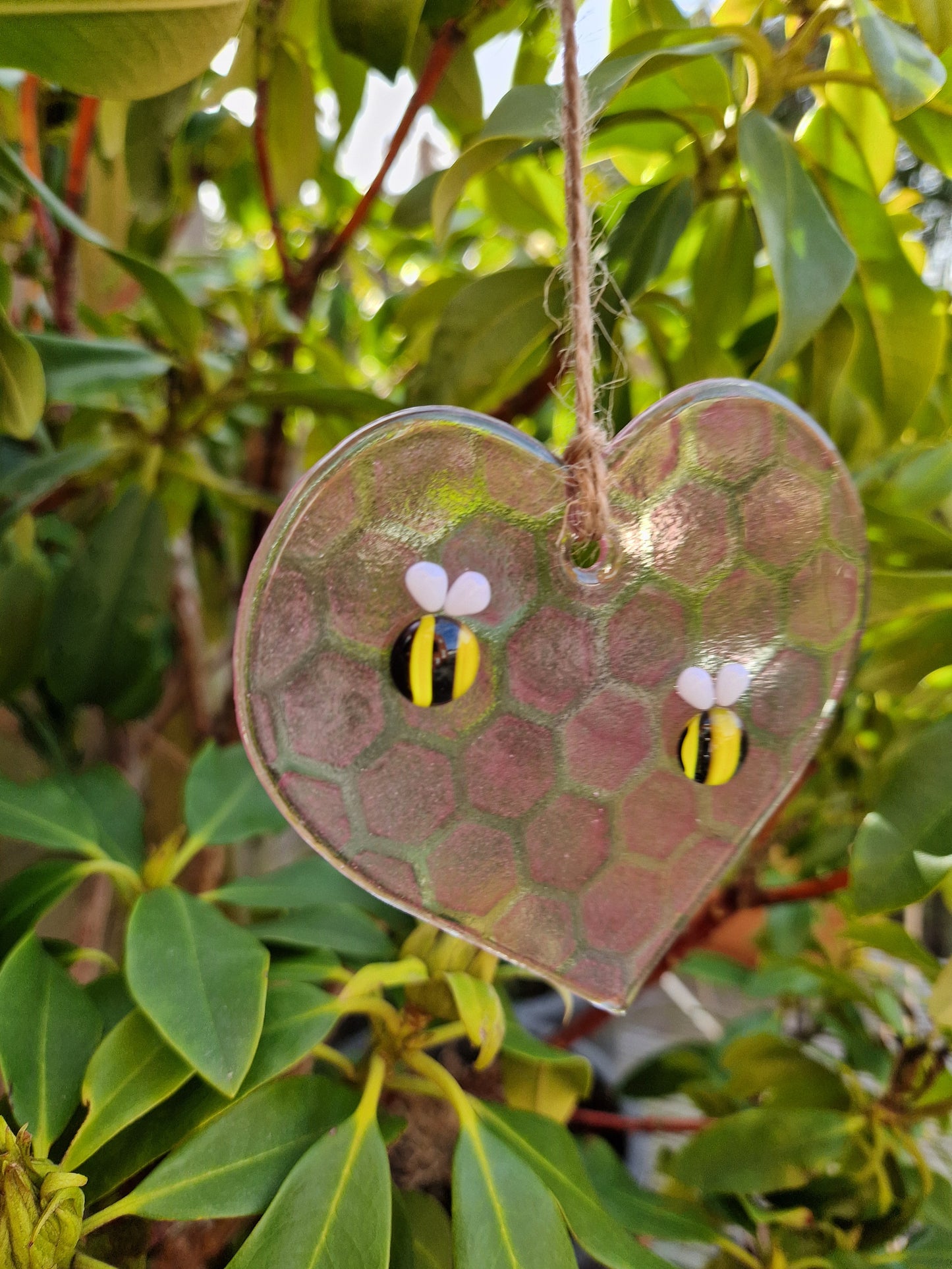 Fused Glass Pink Bee Heart Glass Suncatcher