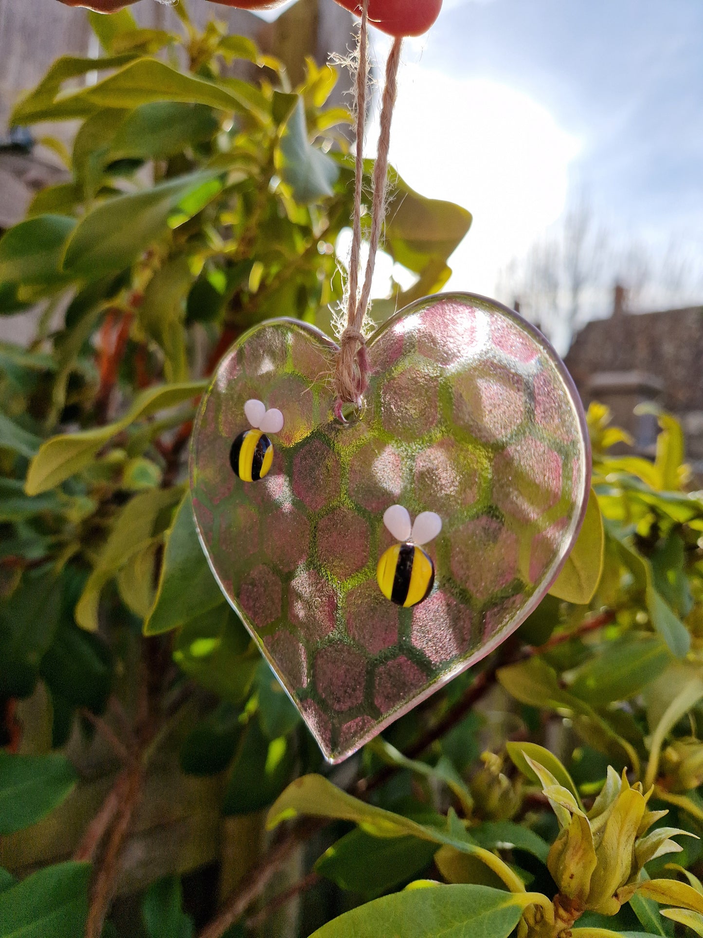 Fused Glass Pink Bee Heart Glass Suncatcher