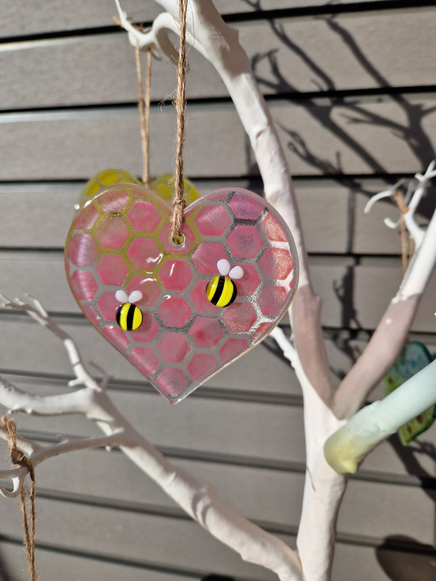 Fused Glass Pink Bee Heart Glass Suncatcher