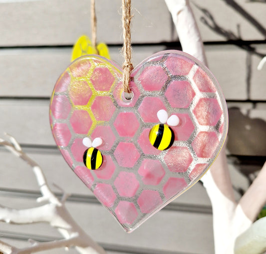 Fused Glass Pink Bee Heart Glass Suncatcher