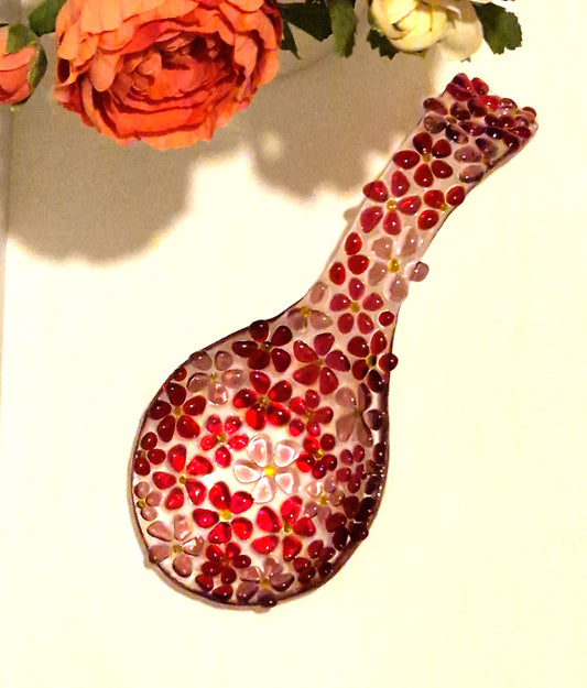 Pink fused glass spoon rest in ditsy flower design 