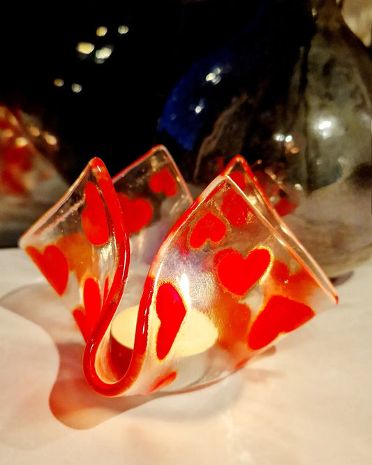 Fused glass Red heart tealight holder