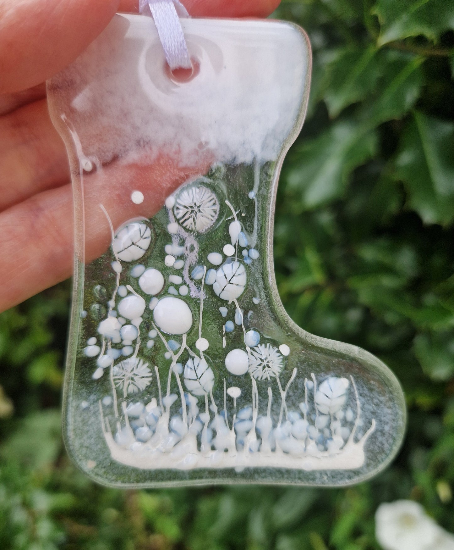 White fused glass Christmas stocking