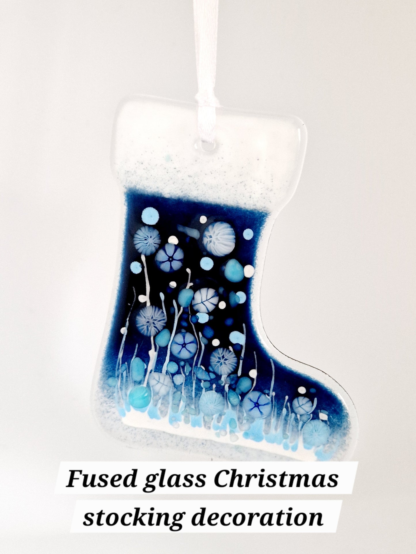 Blue fused glass Christmas Stocking decoration